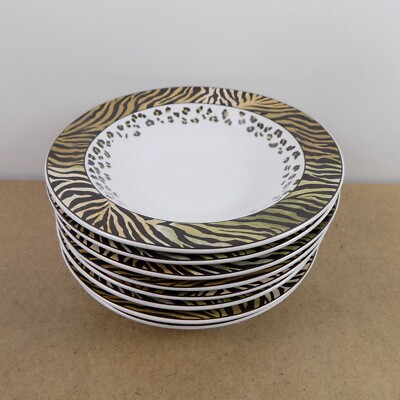 8 Studio Nova Jungle Beat Rimmed Soup Bowls Tiger Print 8.25'' Across