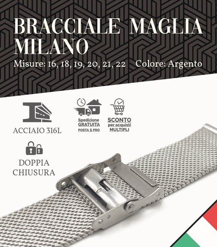 bracciale acciaio cinturino maglia milano 16 18 19 20 21 22 mm orologio vintage - Foto 4 di 12