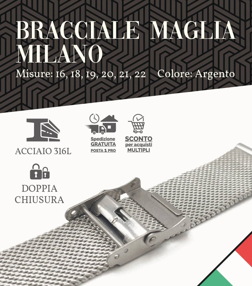 bracciale acciaio cinturino maglia milano 16 18 19 20 21 22 mm orologio vintage - Immagine 4 di 4