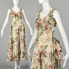 Medium 1940s Floral Dress Formal Sleeveless Gown Ruched Bust Bow Sash VTG 40s