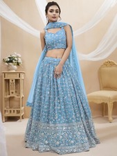 Indian Style Georgette Lehenga Choli With Sky Blue Dupatta For Aesthetic Wear