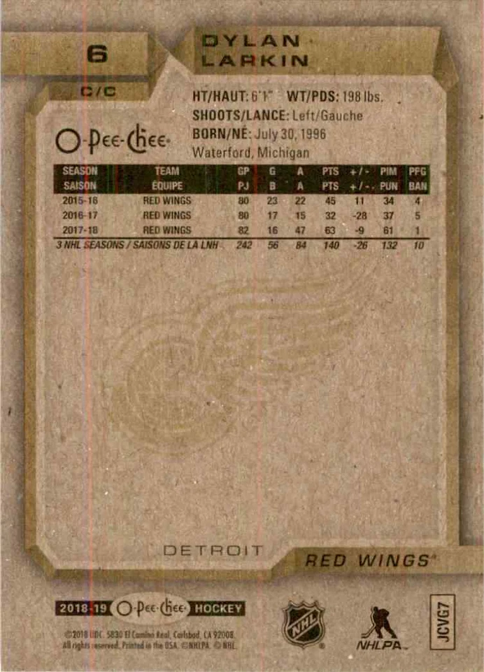 2018-19 O-Pee-Chee Dylan Larkin #6 - Image 2 of 2