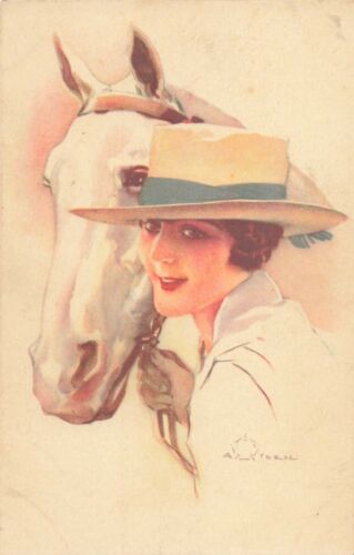 pc14353 postcard Pretty Lady with horse artist signed Italy not used
