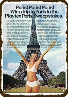 1978 Sexy Woman Playtex Bra Panties & Eiffel Tower DECORATIVE REPLICA METAL  SIGN