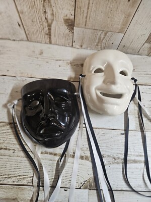 Face Masks (2) Wall Hangings Ceremic Vintage Black White