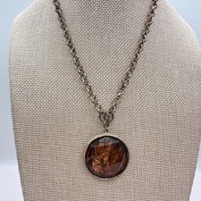 Vintage 90s Amber Foil Glass Round Pendant Necklace Silver Tone Jewelry