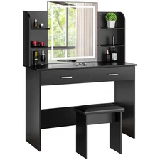 Makeup Dressing Table Vanity Set with 3-Color Dimmable Lighted Mirror Stool