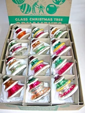 12 Vintage Shiny Brite Tree Shape Ornaments Tornado UFO Shiny Brite Box