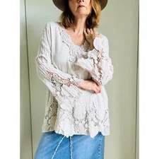 Womens Tunic Blouse Size Large Cream Saks Fifth Avenue Bohemian Relaxed Linen