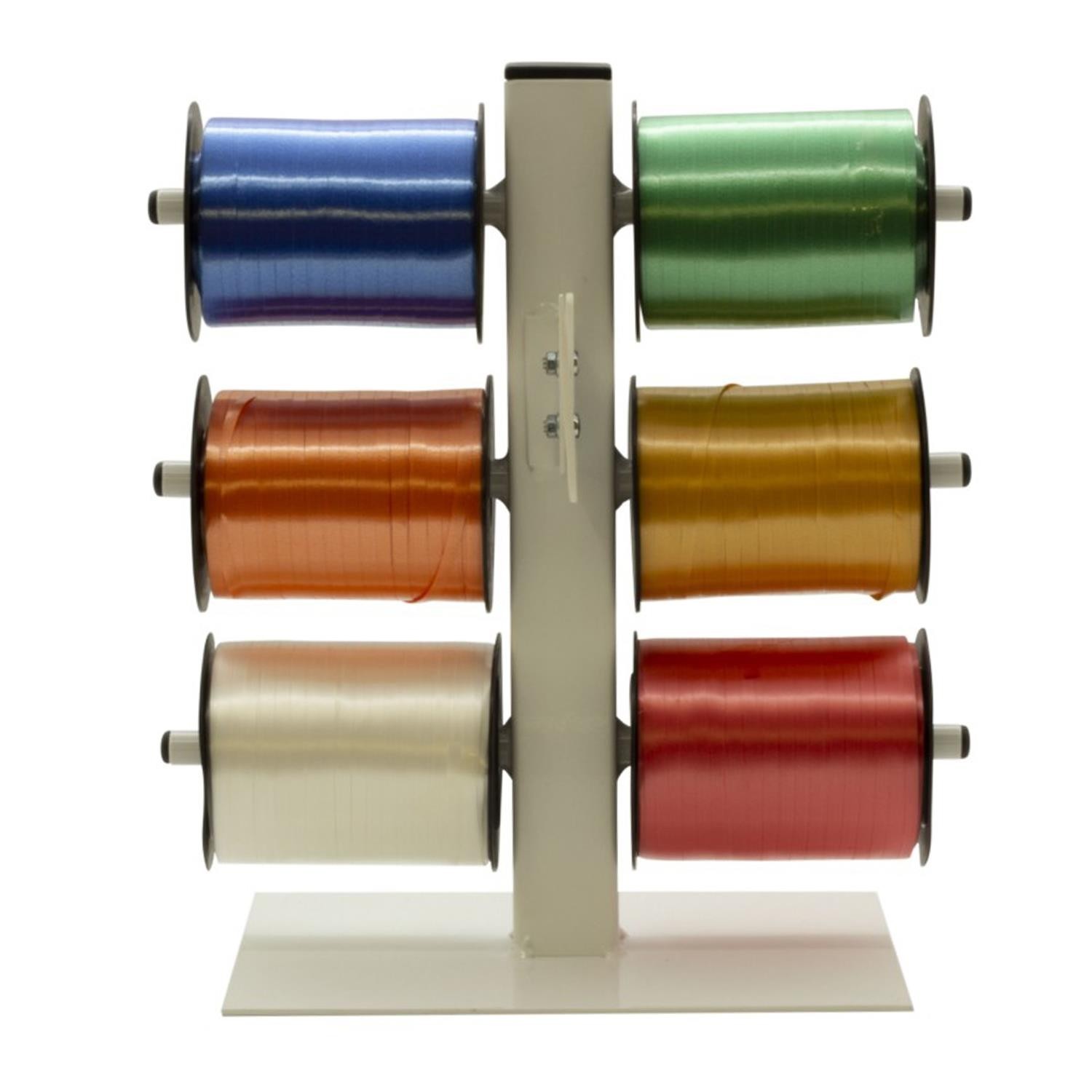 Polyribbon stand holder for six rolls of ribbon dispenser cutter