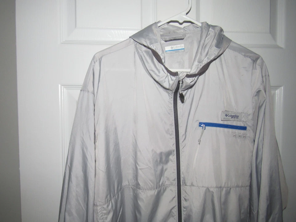 COLUMBIA Men's XL Gray PFG Hooded Jacket Full Zip Lined Zip Pockets - Image 2 of 4
