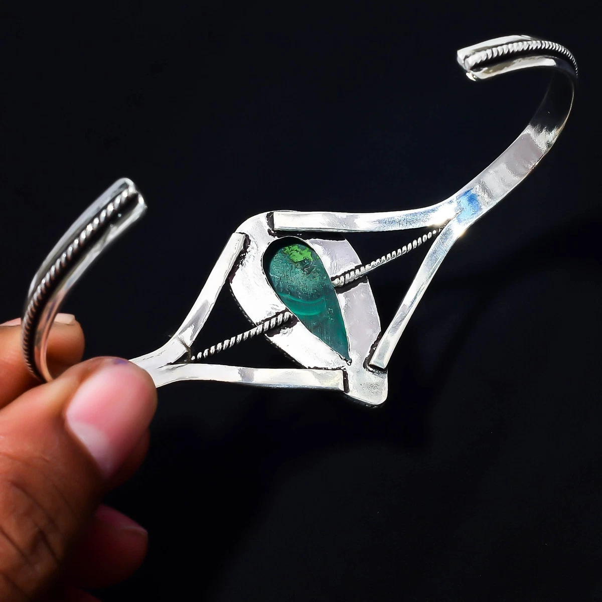 Malachite Gemstone 925 Sterling Silver Handmade Bangle Jewelry Gift For Love