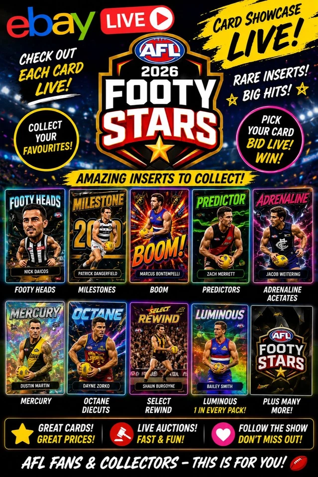 🏉 2026 AFL FOOTY STARS — CARD SHOWCASE LIVE! 🔥  RARE INSERTS • BIG HITS •