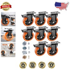 Set of 8 - 5" Industrial Orange Swivel Casters, Heavy Duty Polyurethane w/Brakes