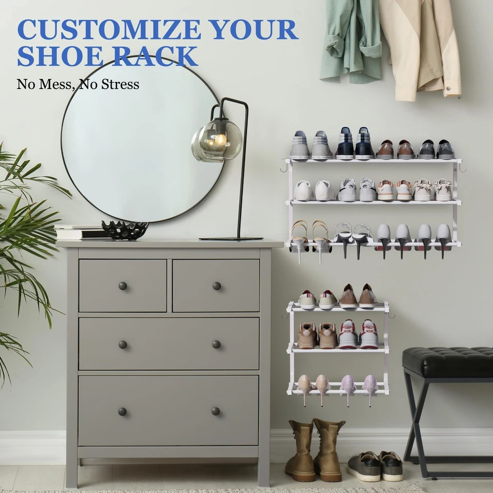 Paquete de 2 zapateros montados en la pared, zapatero colgante de 3 niveles para 24 pares, 17"-3... Foto 2 de 4