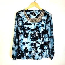 Alfani Women Tunic Blouse S Blue Abstract Beaded Neckline Sheer Sleeve Ethereal