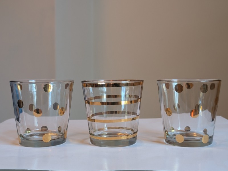 Gold Metallic Polka Dot Stripe Glass Votive Tea Light Candle Holders