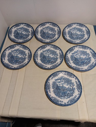 Lot Of 7. Churchill China England. Blue The Brook Cottage Dinner Plate 10"