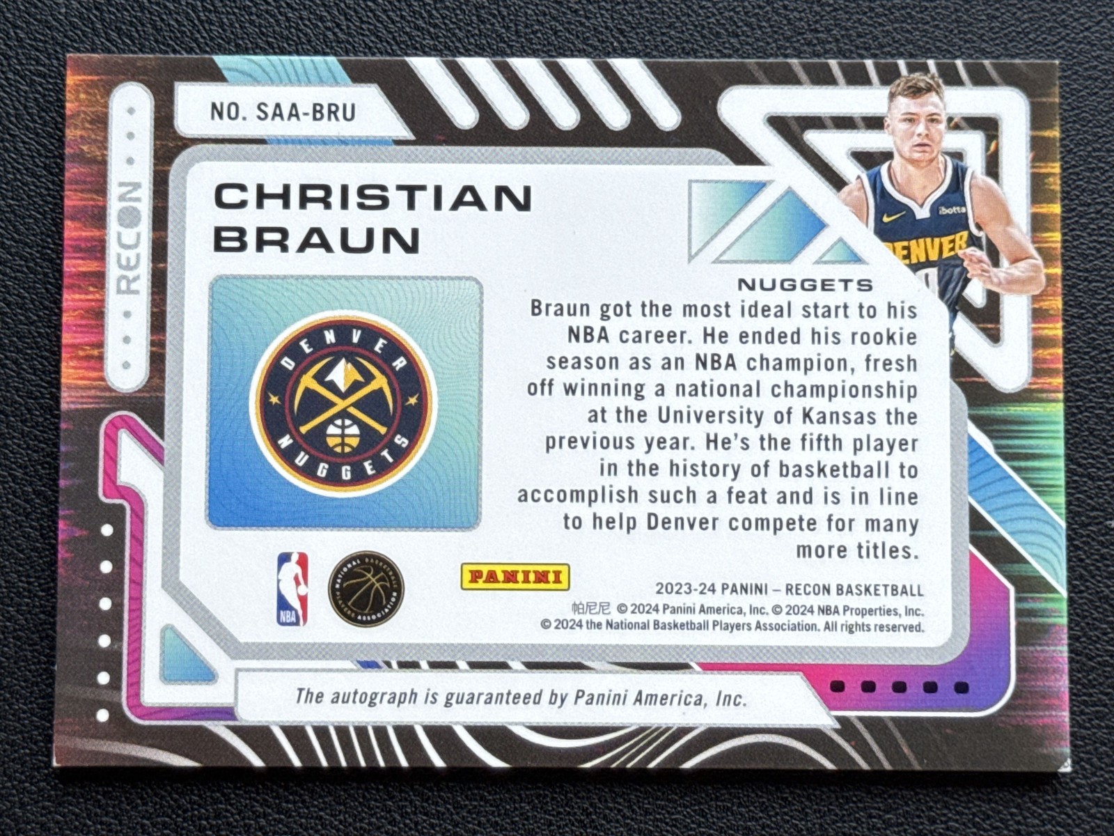 2023-24 Panini Recon Sophomore Acetate Auto 1/1 Platinum Christian Braun SAA-BRU view 2