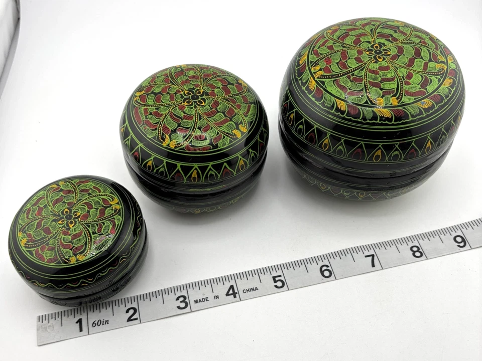 Juego de 3 cajas apilables de laca birmana vintage negro verde re Foto 2 de 4