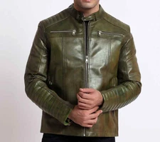 Men’s Olive Green Genuine Lambskin Leather Biker Jacket Quilted Moto Coat