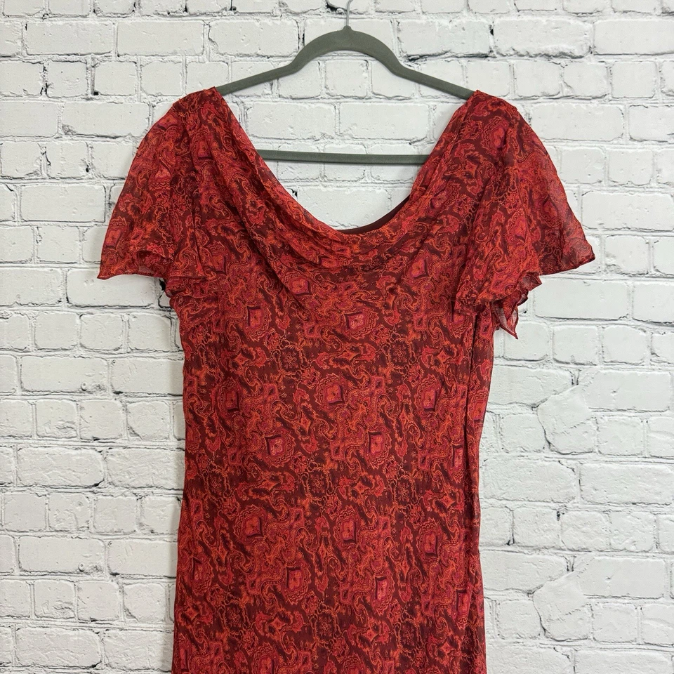 Vestido midi de gasa con cuello drapeado de seda rojo estampado múltiple talla 18 Coldwater Creek para mujer Foto 2 de 4