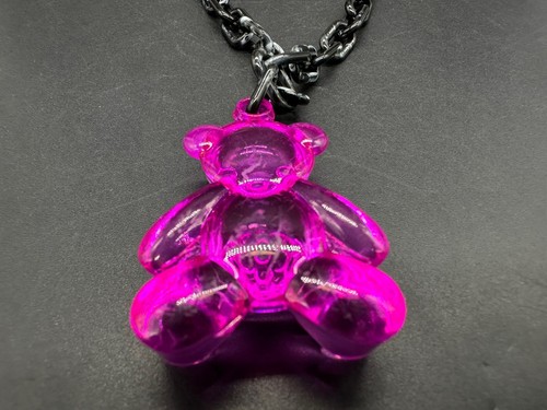 Acrylic Cable Link Chain Fuchsia Pink Bear Pendant Necklace 18” Long Black - Picture 5 of 10
