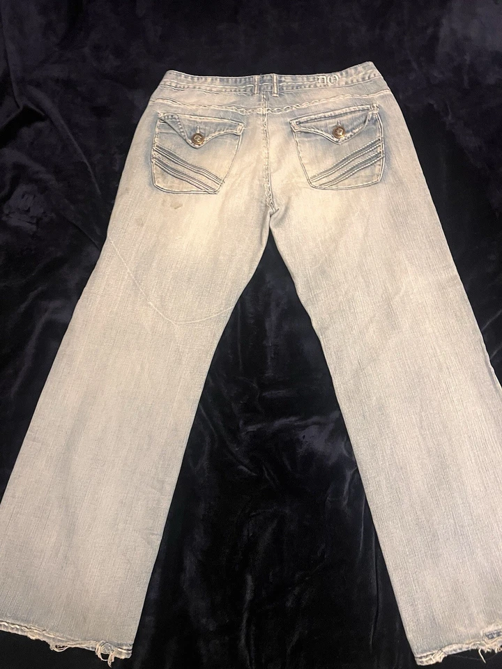 Do Denim Jeans Mens 38x32 L Blue Straight Embroidered Studded Stacked Grunge Y2K - Image 2 of 4