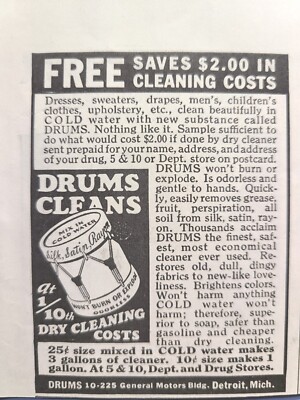 Vintage Print Ad 1937 Drums Cleaner Won't Burn or Explode Fabric Upholstery