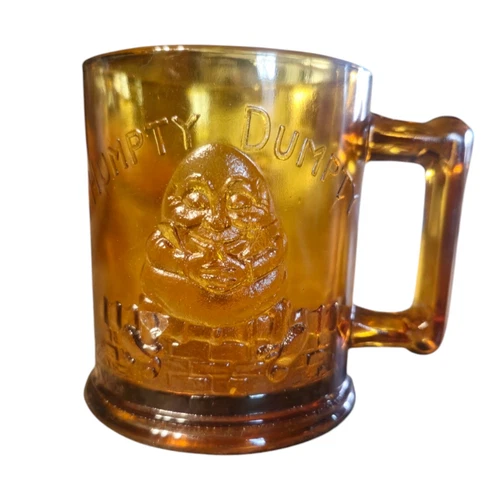 Vtg Indian Amber Glass Childrens Mug 8oz Humpty Dumpty Tom Tom The Pipers Son 3D
