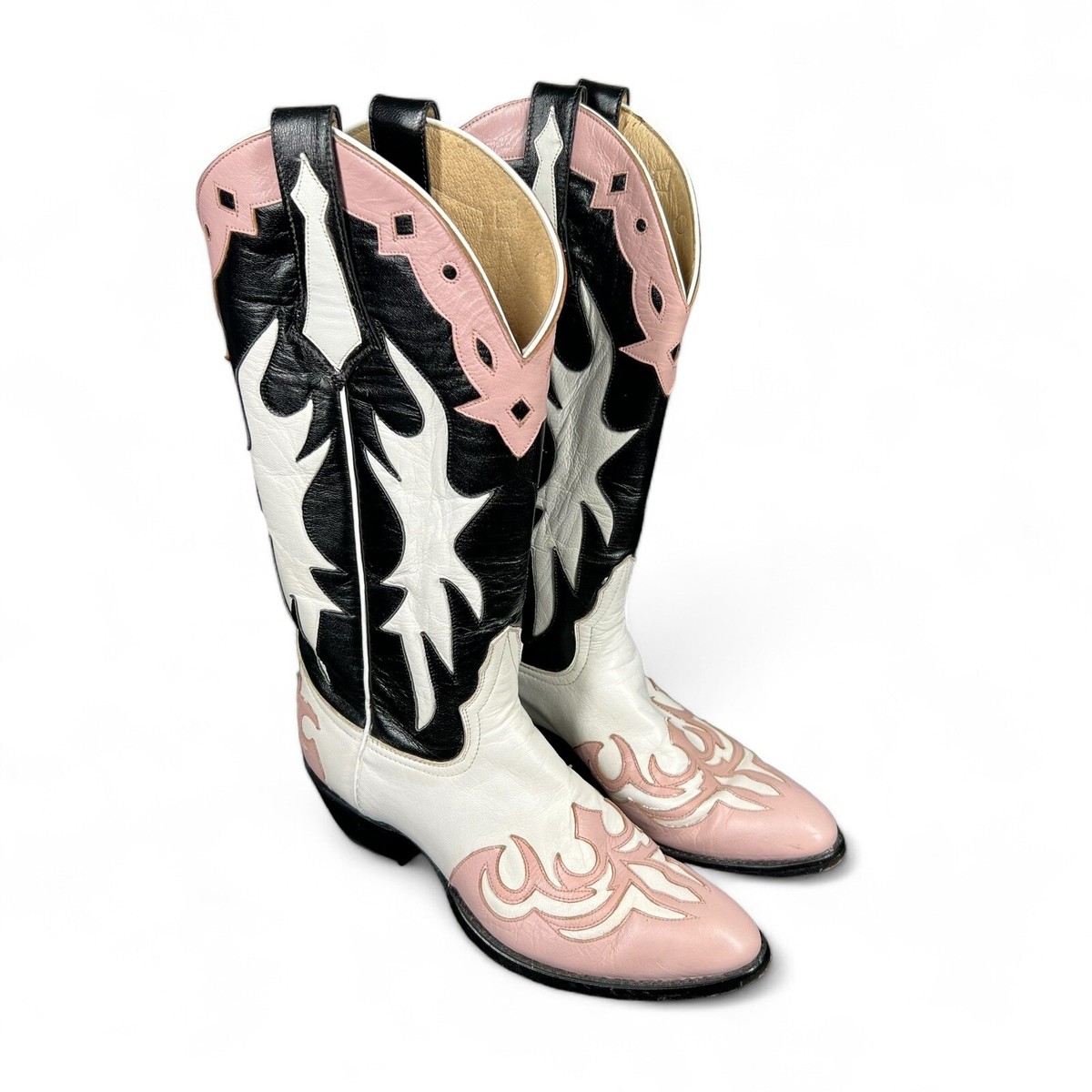 Larry Mahan Women's 8A Pink Black White Western Cowboy Boots Round
