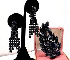 ALBERT WEISS FAB SET BROOCH EARRINGS SIGNED FRENCH JET CRYSTALS VICTORIAN REVIVL