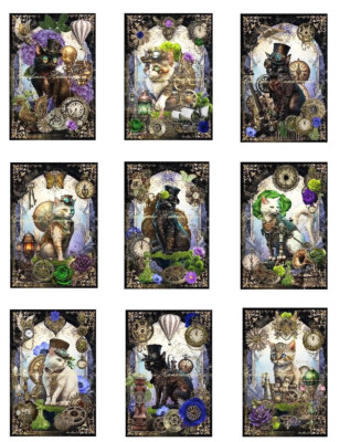 Steampunk Cats C Designer MULTI-SIZE SET Cotton Fabric Quilt Blocks