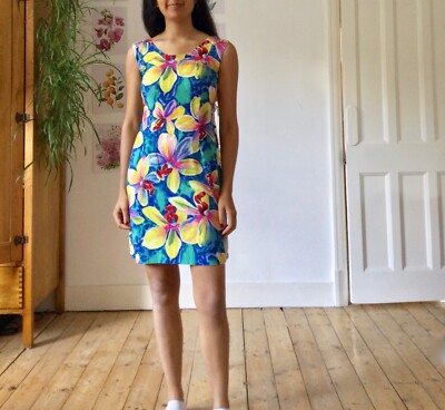 Atemberaubendes Vintage Paradise Hawaii Blumen Etuikleid 6 8 XS S Regenbogen Sommer 