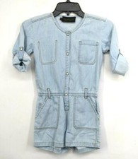 Finger In The Nose Girls Light Denim Pearl Snap Front Crew Neck Cotton Romper L