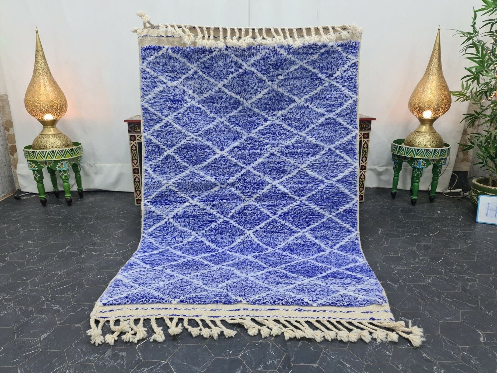Moroccan Handmade Beni Ourain Rug 4'1"x6'2" Berber Geometric White Blue Carpet