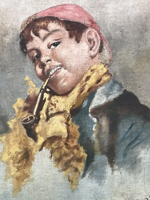 Signed Boy Smoking A Pipe Watercolor on Board Manner of Luca Postiglione READ