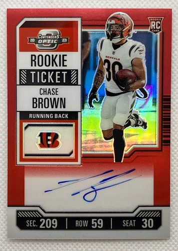 2023 Panini Contenders Optic - Rookie Ticket RPS Autographs Red Prizm #105 Chase Brown /125 (AU, RC)
