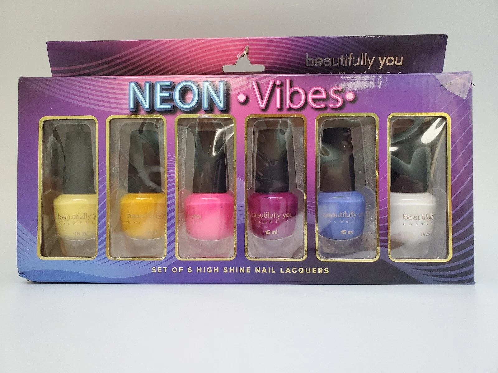 NEON VIBES 6 Pc Nail Polish Lacquer Set Pink Blue Purple Yellow Mustard White