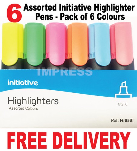 Assorted 6 Pack Initiative Premium Highlighter Pens Markers - 6 Colours
