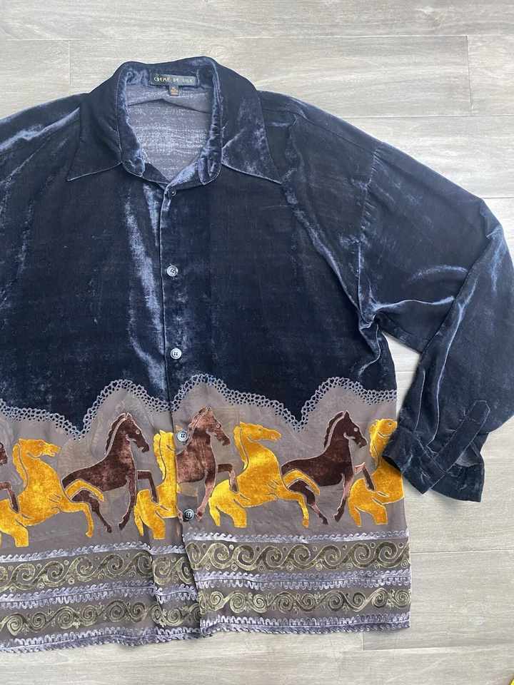 Vtg Creme de Silk Black Sheer Velvet Velour Shirt Horses Graphic Men’s Size Xl - Image 3 of 4