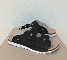 UGG BLACK FLUFF INDIO SUEDE/ FLUFF BUCKLE SLIDE SANDALS, WOMEN US 9/ EUR 40 NIB