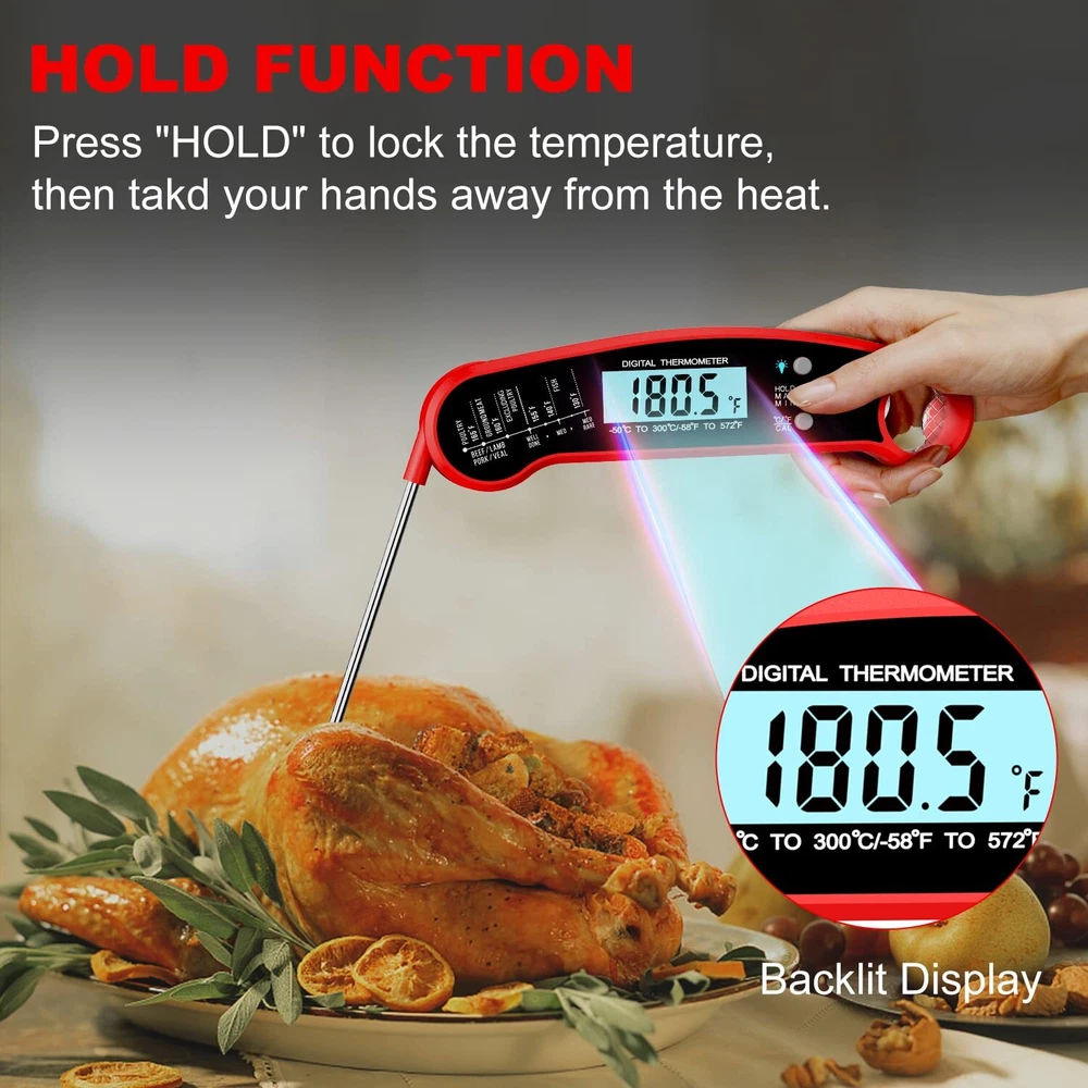 Meat Thermometer with Probe, Instant Read for Cooking, Waterproof,  Red/Black
