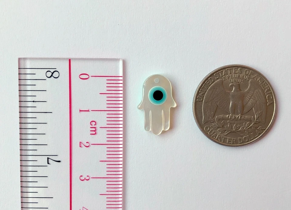 White Mother of Pearl Hamsa Palm Hand w Evil Eye Charm 12x18 mm 10 beads C8673 - Image 3 of 3