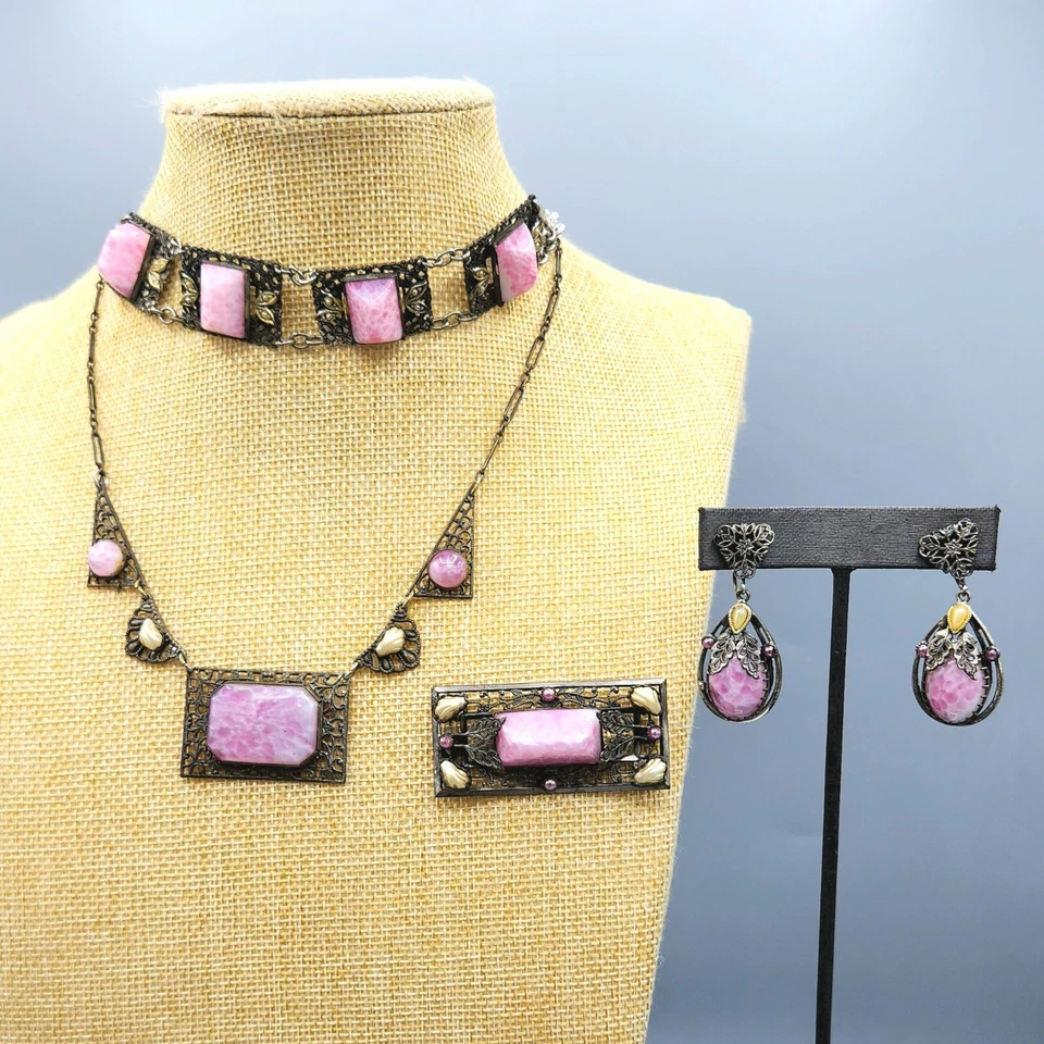 Art Deco Checo Rosa Vidrio Moteado Collar Pulsera Pendientes Broche Pulsera Foto 3 de 4