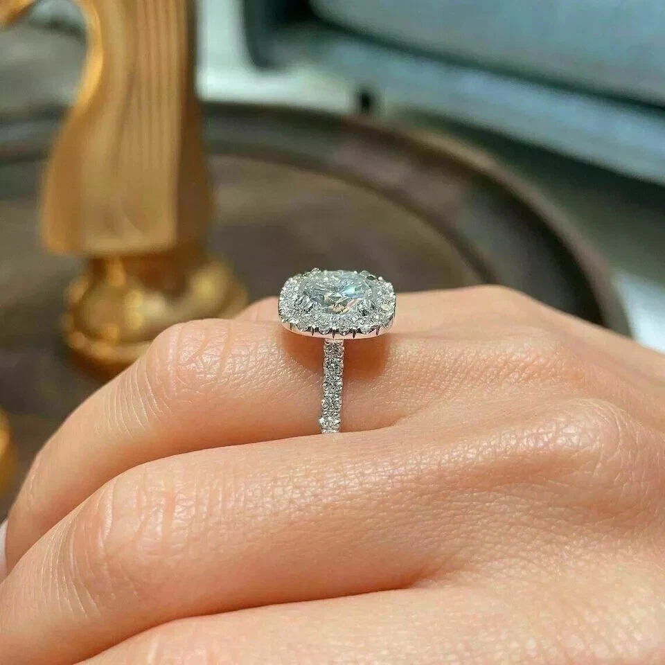 3Ct Cushion Cut VVS1 Lab Created Diamond Halo Engagement 14K White Gold FN Ring - Image 3 of 4