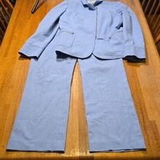 Vtg Carlisle Women 4 Light Blue Zip Blazer Shoulder Pads Straight Leg Pantsuit