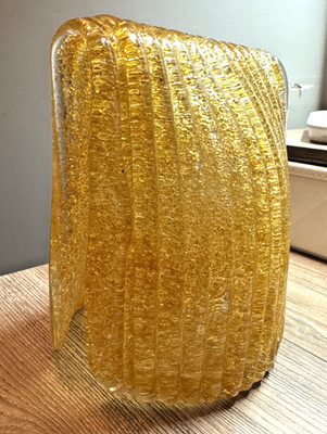 Vintage Mid-Century Modern Amber Textured Glass Abstract Lamp Drapes Pair  1970