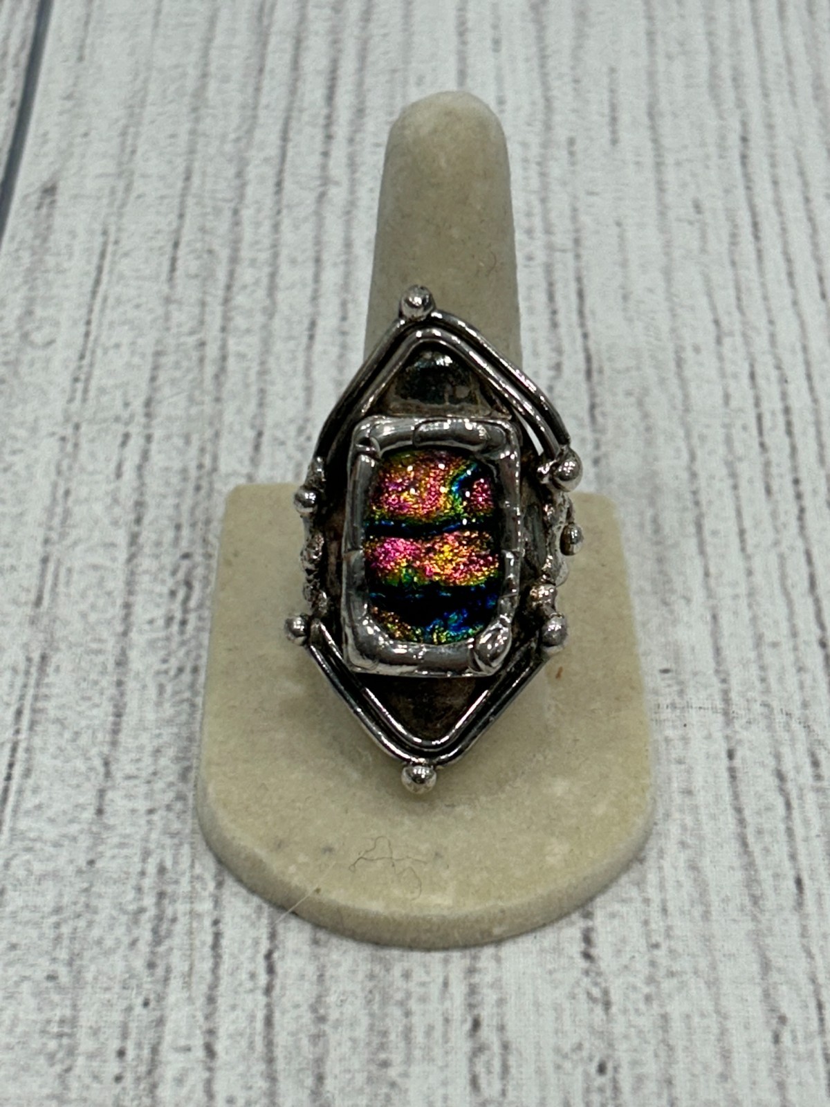 Artisan Dichroic Glass Statement Ring Silver Tone… - image 1