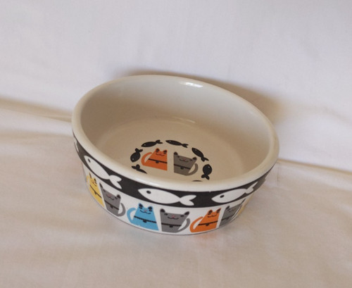 Cat Water Food Bowl Ceramic Fish & Cats All Around Stoneware 5” x 1 1/2" Dish